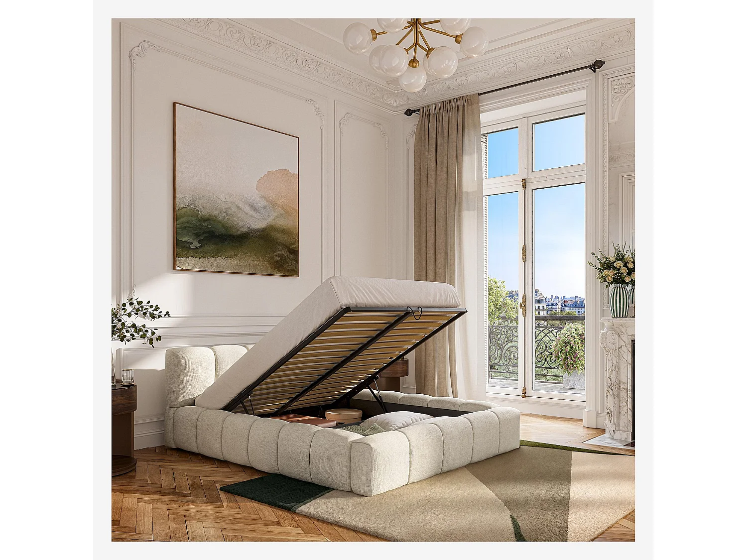 Lit coffre 160 x 200 cm en tissu chenille - Crème