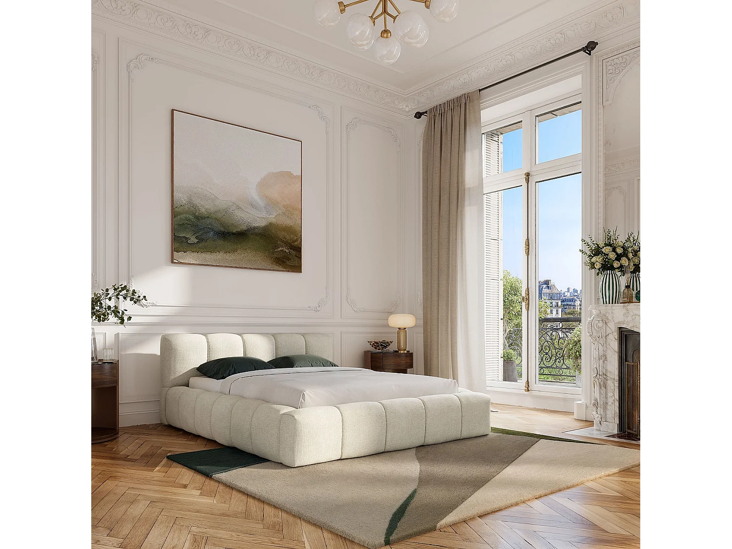 Lit coffre 160 x 200 cm en tissu chenille - Crème