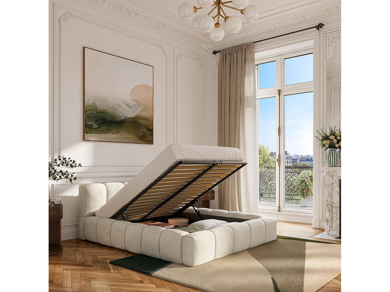 Lit coffre 160 x 200 cm en tissu chenille - Crème