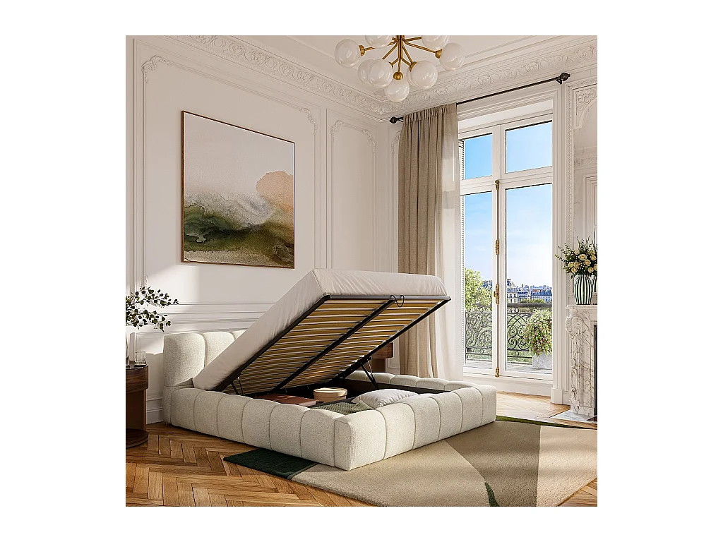 Habitat - Lit coffre 180 x 200 cm en tissu chenille - Crème - Setana