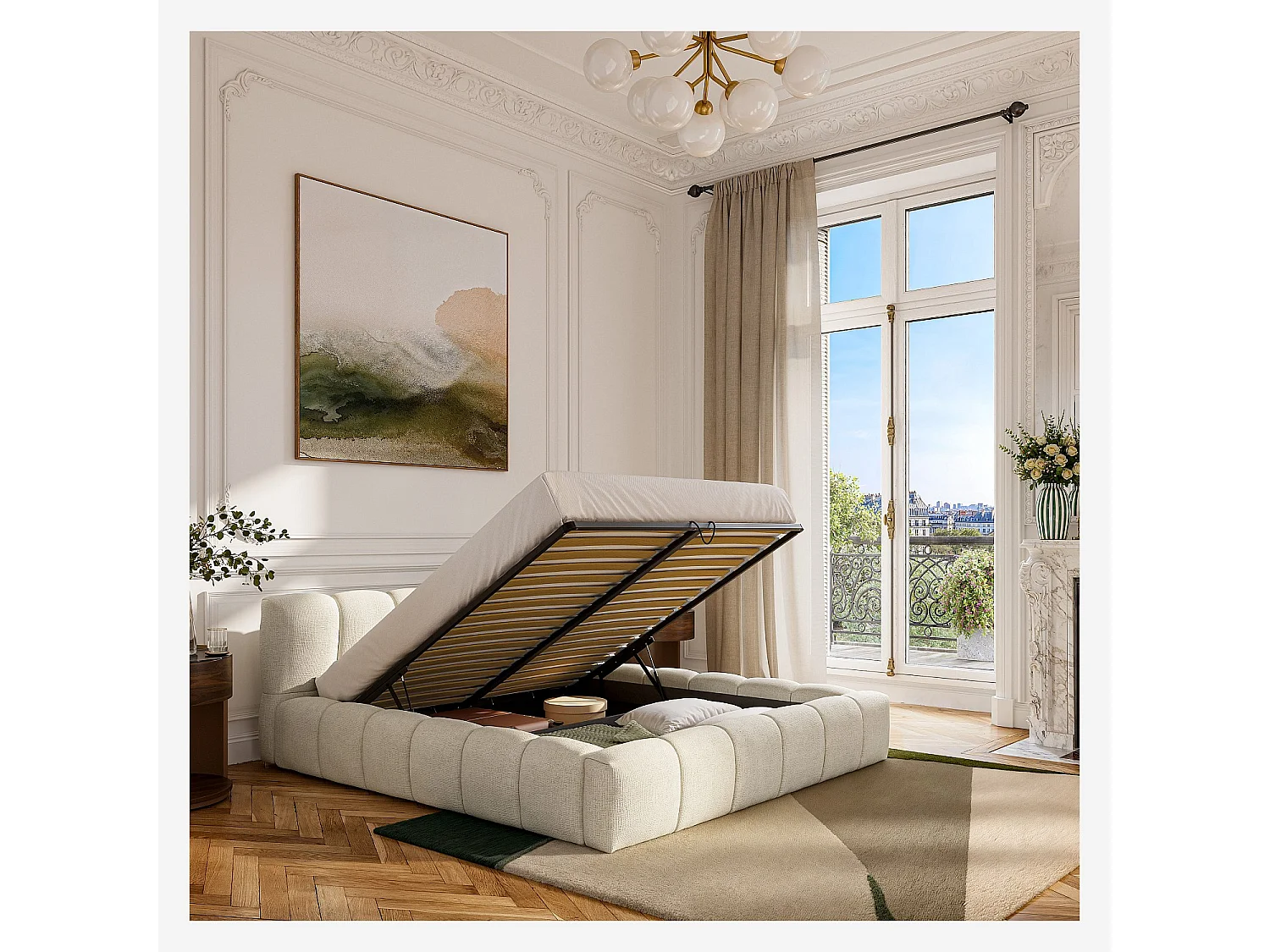 Lit coffre 180 x 200 cm en tissu chenille - Crème