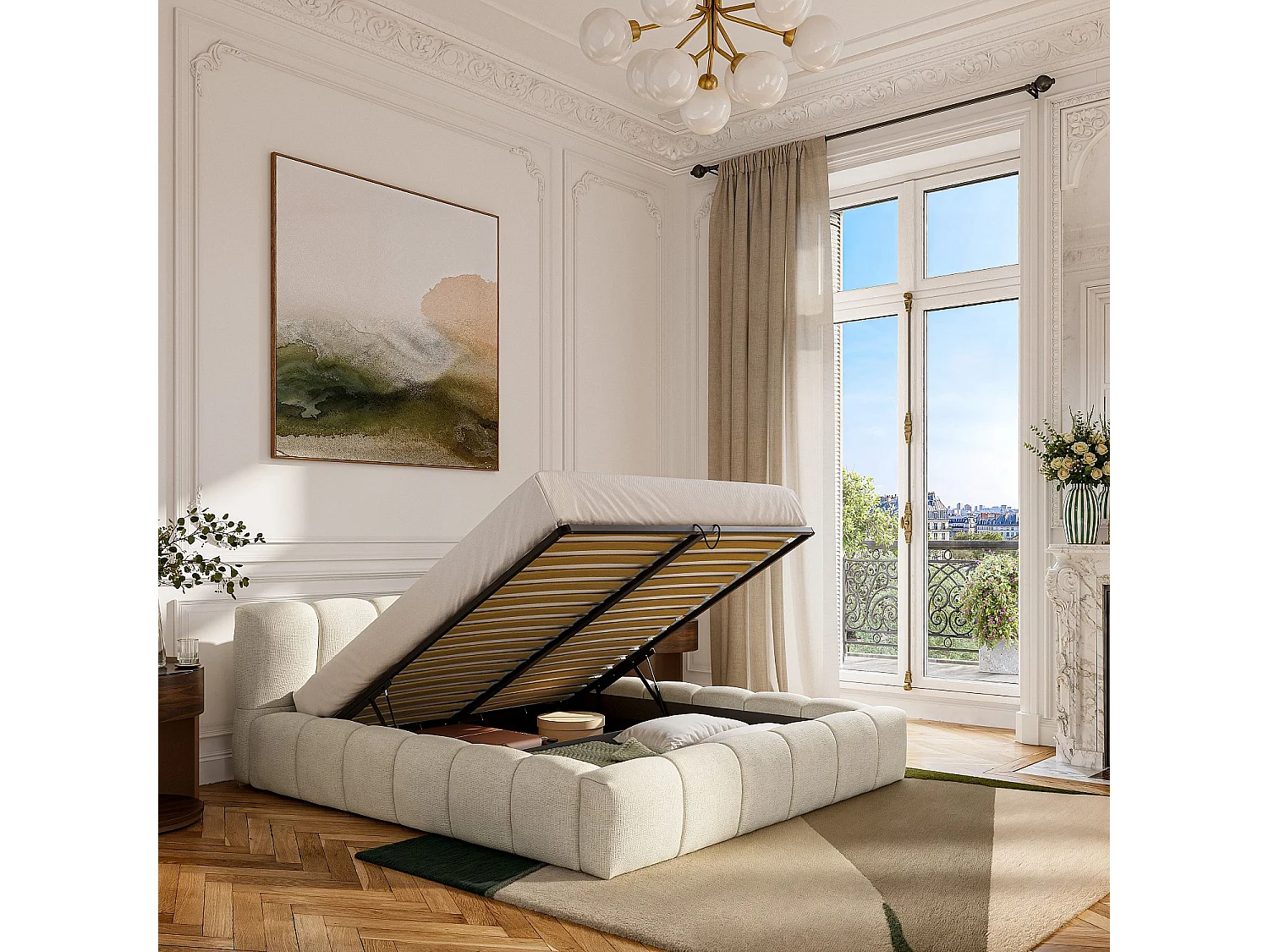 Lit coffre 180 x 200 cm en tissu chenille - Crème