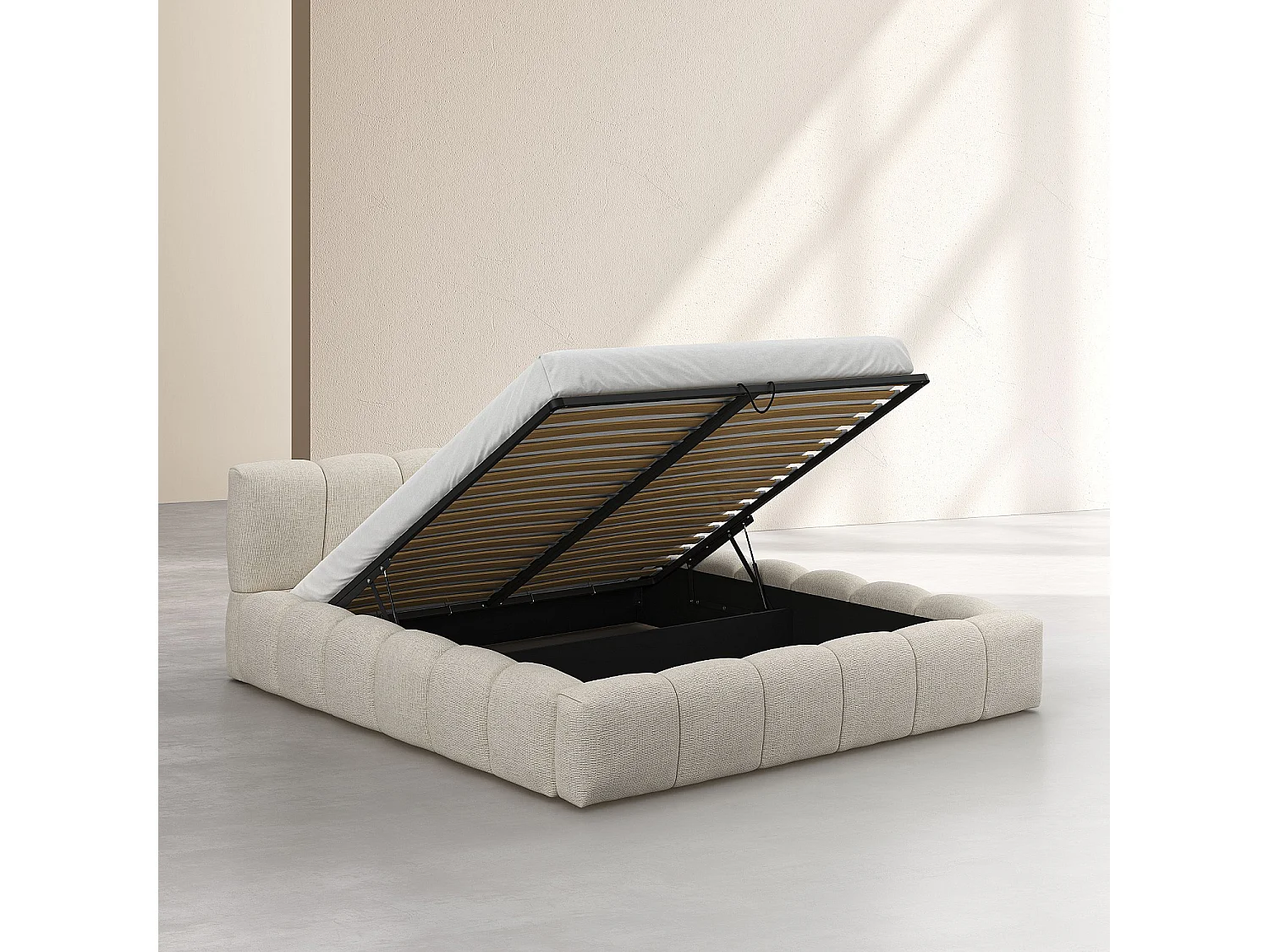Habitat - Lit coffre 180 x 200 cm en tissu chenille - Crème - Setana