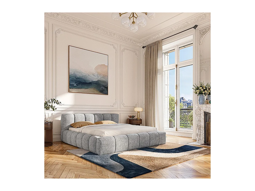 Habitat - Lit coffre 180 x 200 cm en tissu chenille - Gris galet - Setana