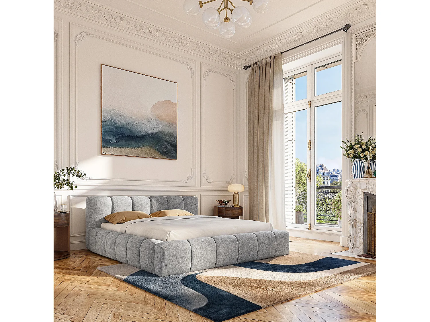 Lit coffre 180 x 200 cm en tissu chenille - Gris galet