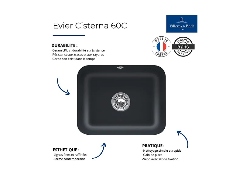 Evier 1 bac Villeroy et Boch Cisterna 60C Pure Black CeramicPlus