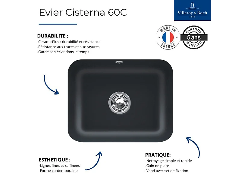 Evier 1 bac Villeroy et Boch Cisterna 60C Pure Black CeramicPlus