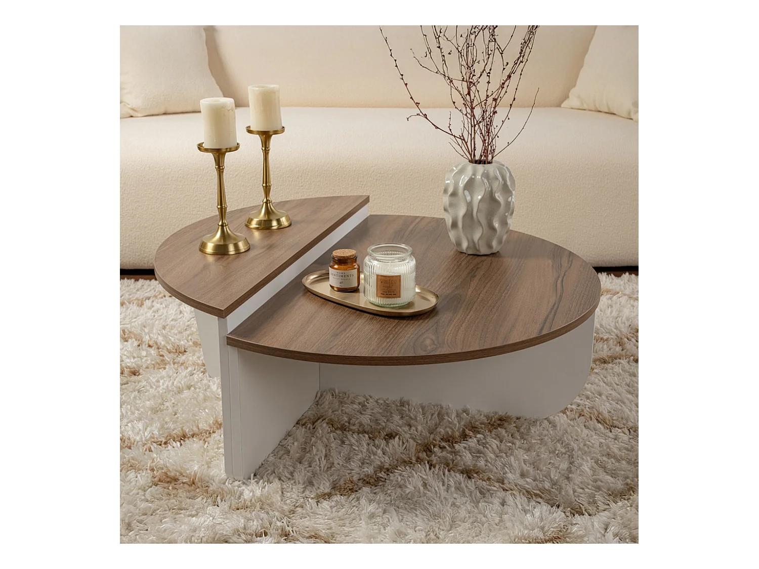 Table basse ronde duo effet travertin 90cm XYN