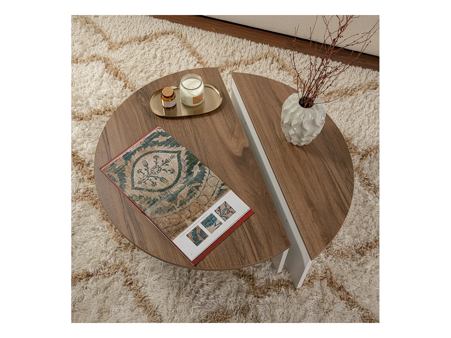 Table basse ronde duo effet travertin 90cm XYN