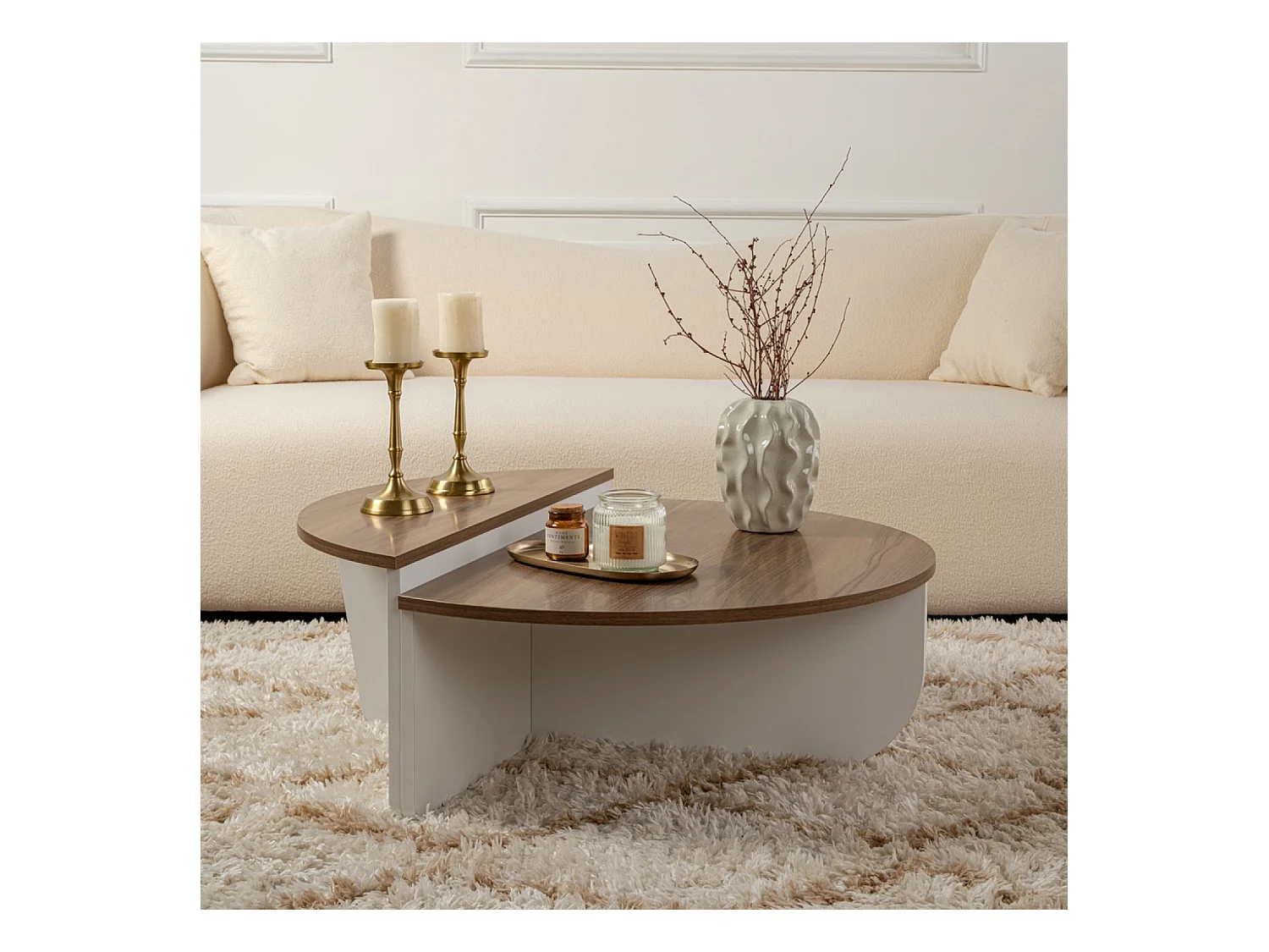 Ronde salontafel duo met travertijneffect van 90 cm met natuurlijke afwerking en eigentijds design