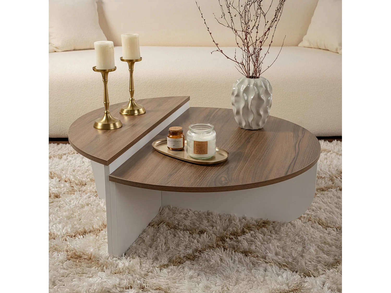 Table basse ronde duo effet travertin 90cm XYN