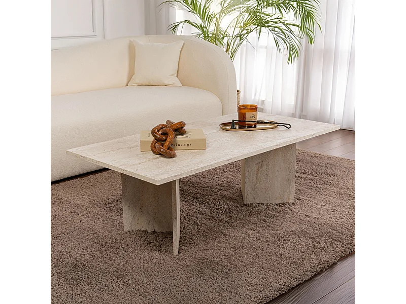Mesa de centro oval branca 119x60cm efeito travertino TOPI