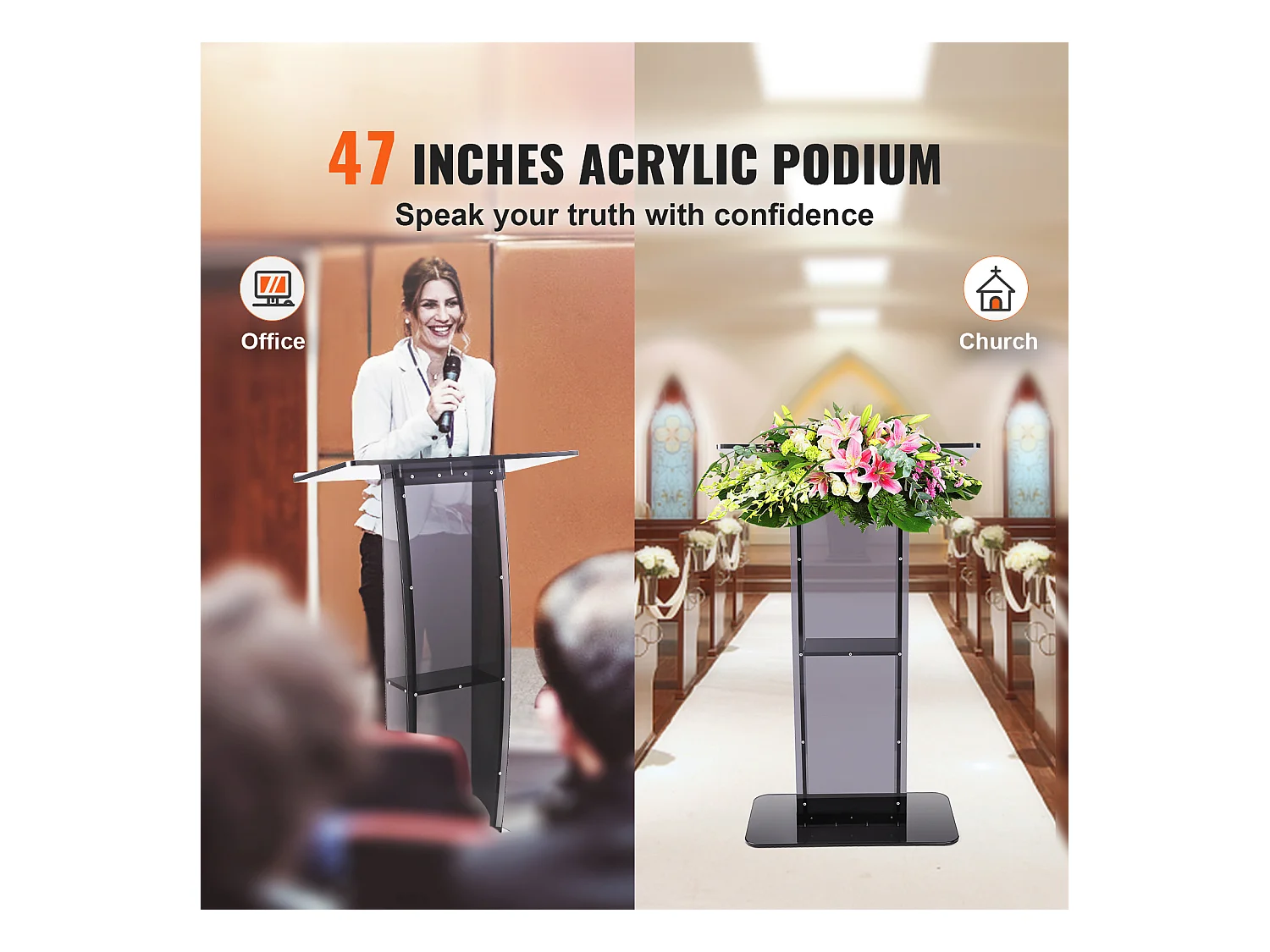 Podio in Acrilico SucceBuy da 47", Supporto Trasparente con Superficie di Lettura e Ripiano Portaoggetti