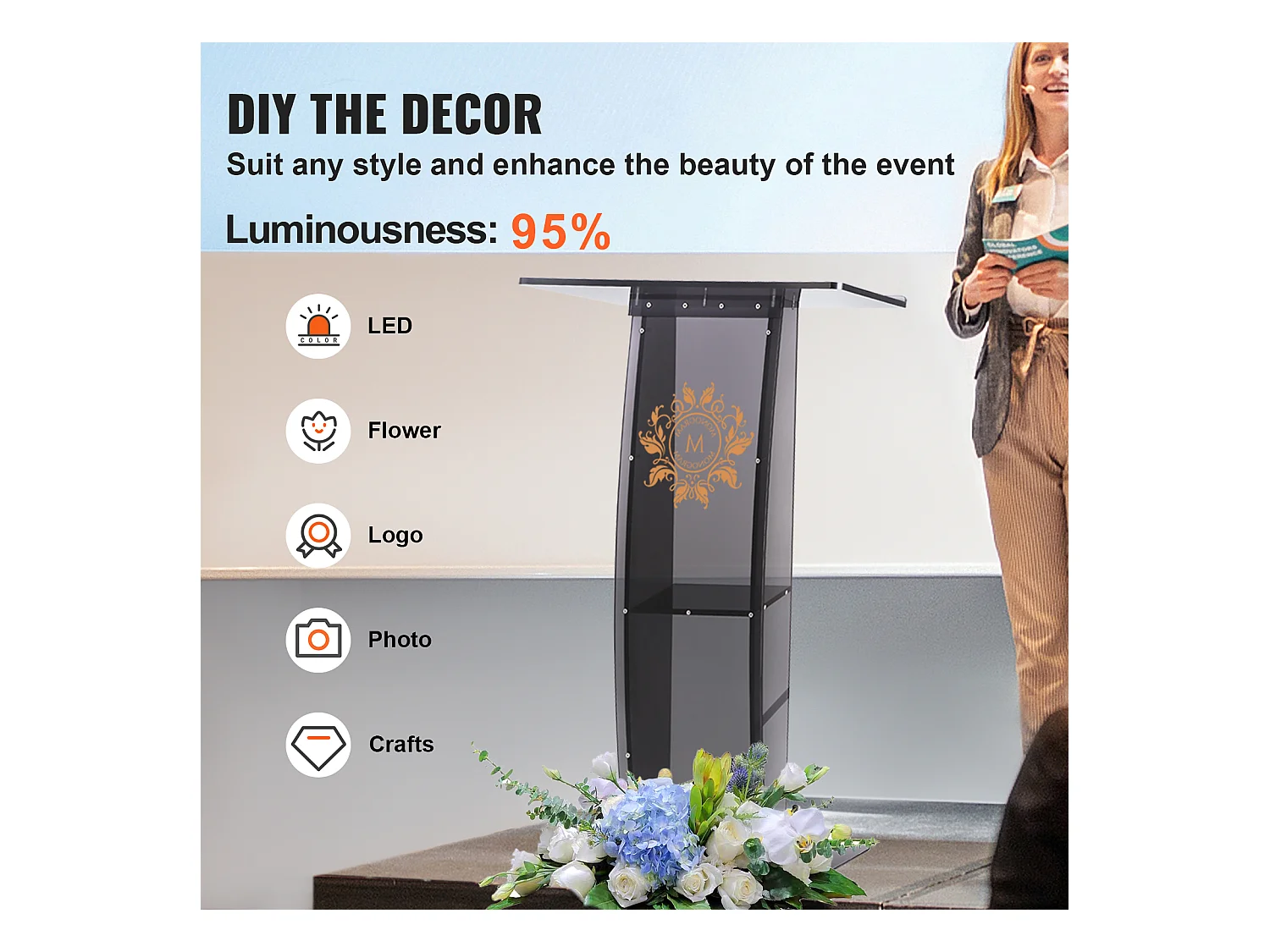 Podio in Acrilico SucceBuy da 47", Supporto Trasparente con Superficie di Lettura e Ripiano Portaoggetti