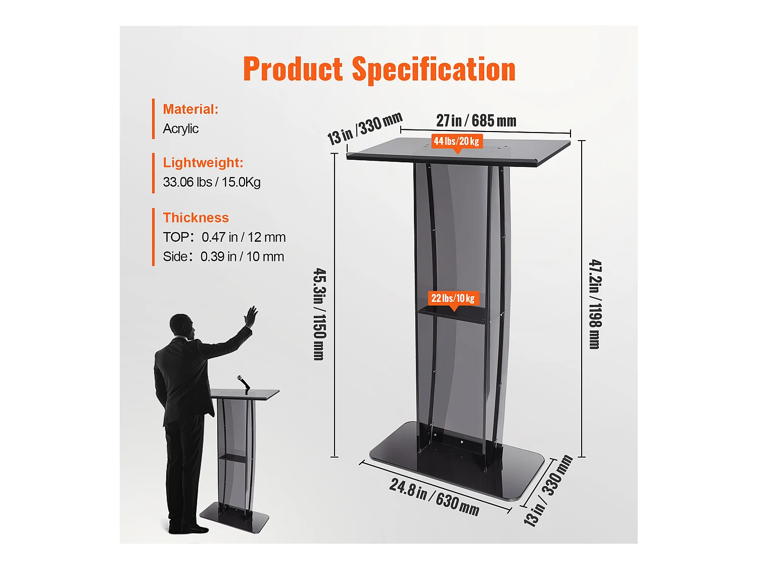 Podium en Acrylique SucceBuy de 47 Po, Support Transparent avec Surface de Lecture et Étagère de Rangement