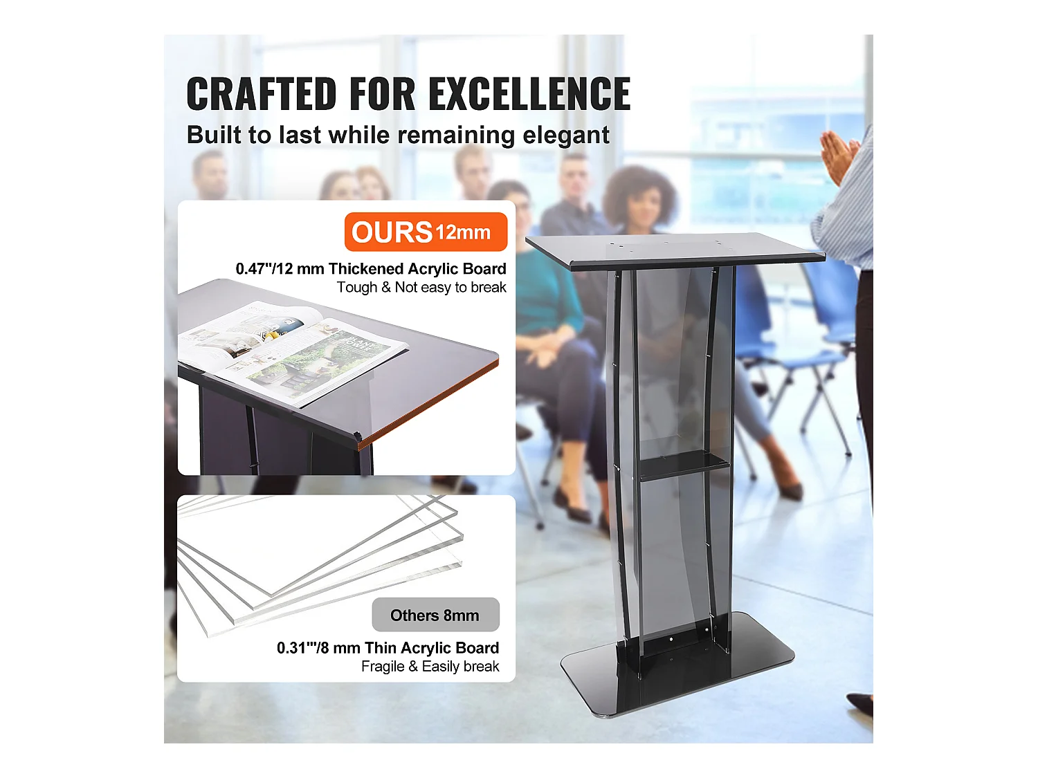 Podium en Acrylique SucceBuy de 47 Po, Support Transparent avec Surface de Lecture et Étagère de Rangement