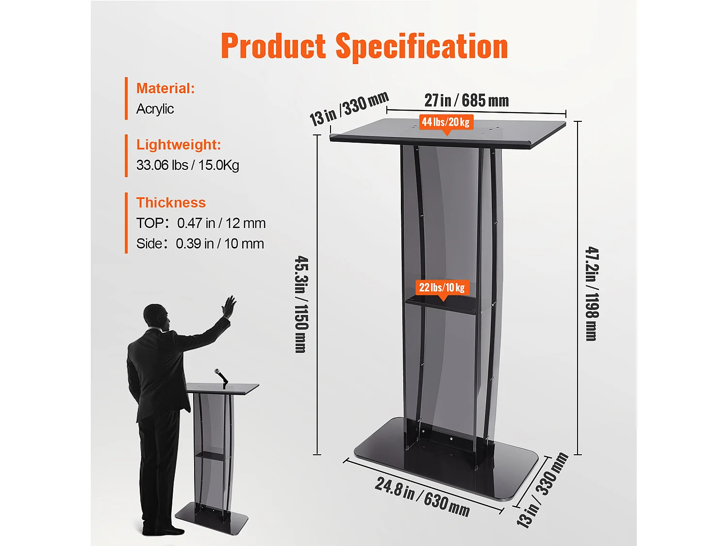 Podium en Acrylique SucceBuy de 47 Po, Support Transparent avec Surface de Lecture et Étagère de Rangement