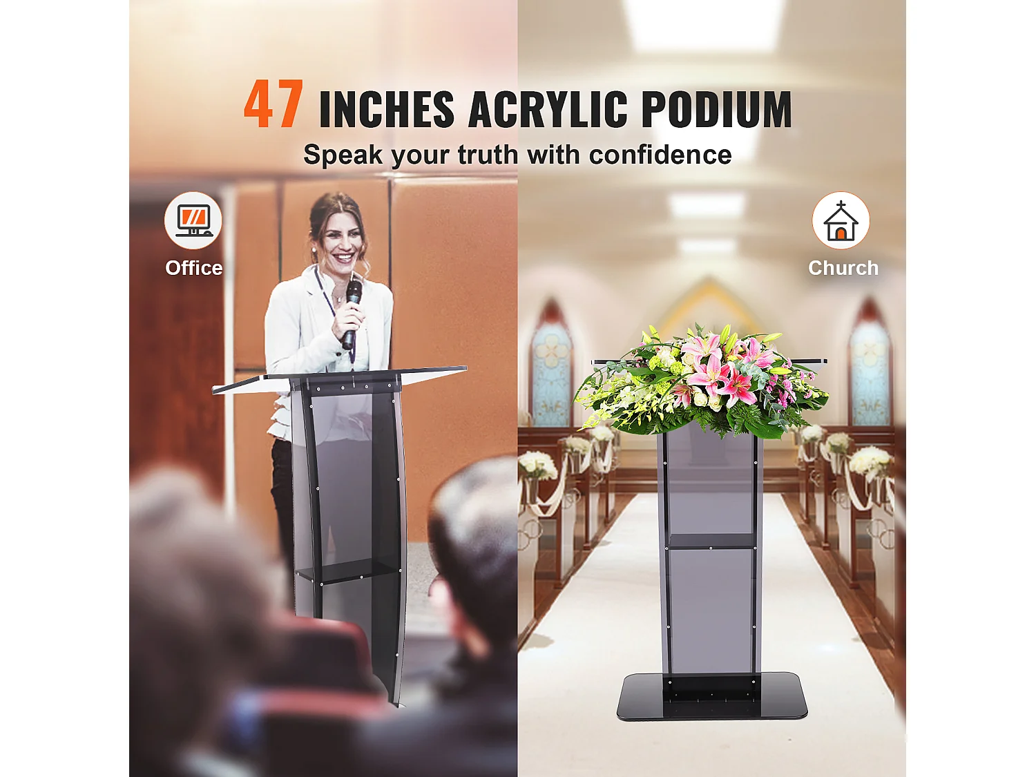 Podium en Acrylique SucceBuy de 47 Po, Support Transparent avec Surface de Lecture et Étagère de Rangement