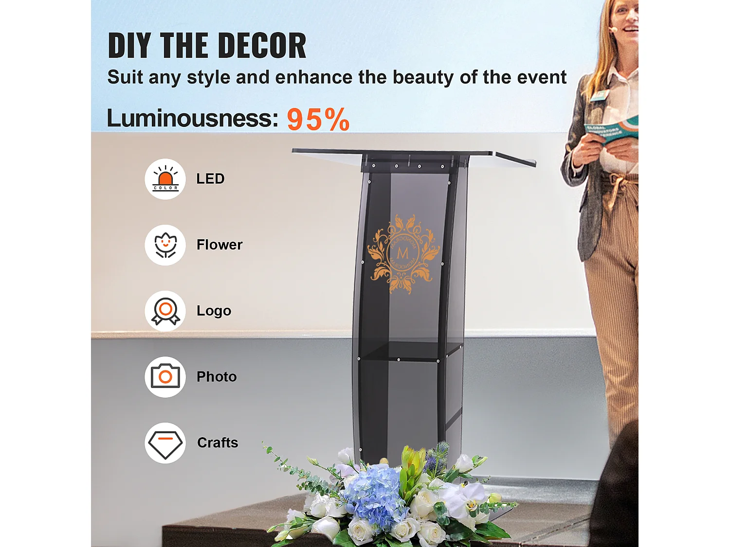 Podium en Acrylique SucceBuy de 47 Po, Support Transparent avec Surface de Lecture et Étagère de Rangement