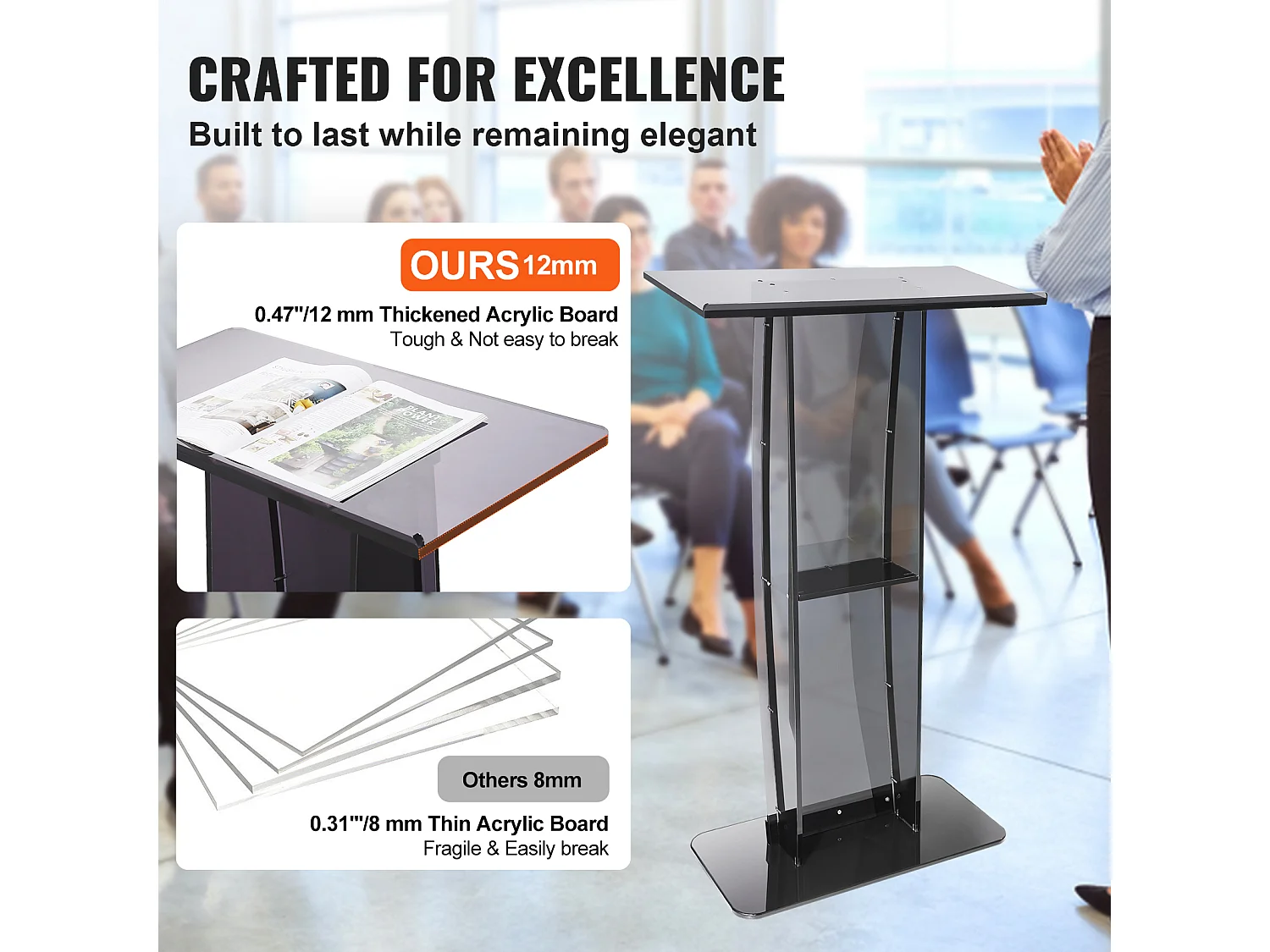 Podium en Acrylique SucceBuy de 47 Po, Support Transparent avec Surface de Lecture et Étagère de Rangement