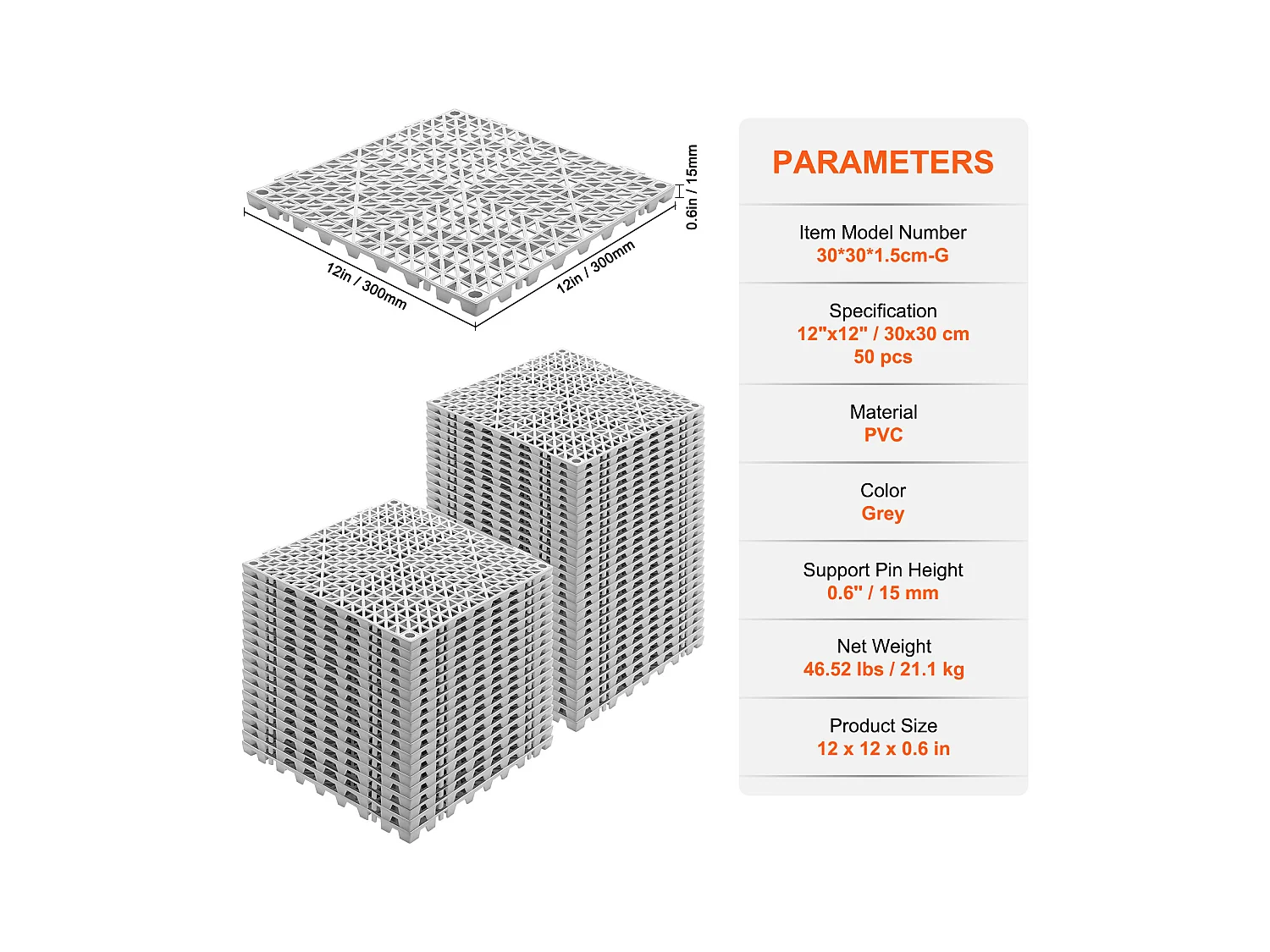 In Elkaar Grijpende Vloermatten SucceBuy. PVC 12 x 12 Inch. Antislip. Verpakking van 50 Stuks. Voor Natte Ruimtes.
