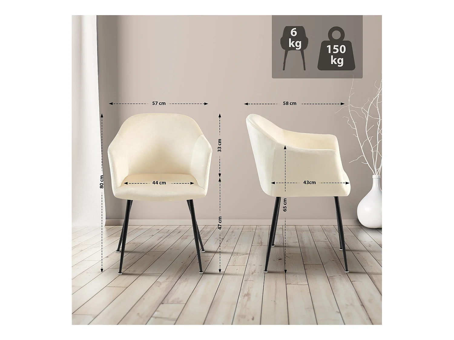 chaises avec accoudoirs - Velours & Chrome - Crème - Jaysie