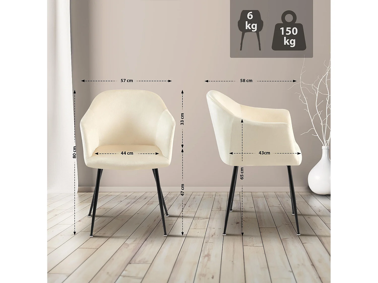 chaises avec accoudoirs - Velours & Chrome - Crème - Jaysie