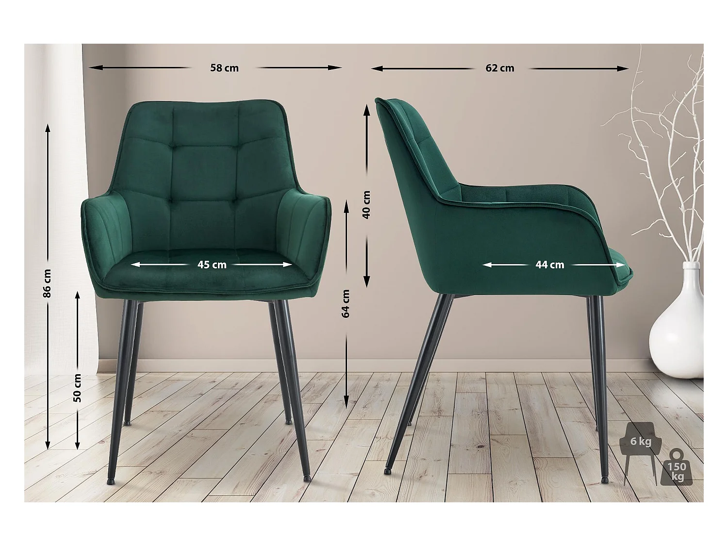 Lot de 2  chaise salle à manger - Velours - Vert foncé - Ferndale