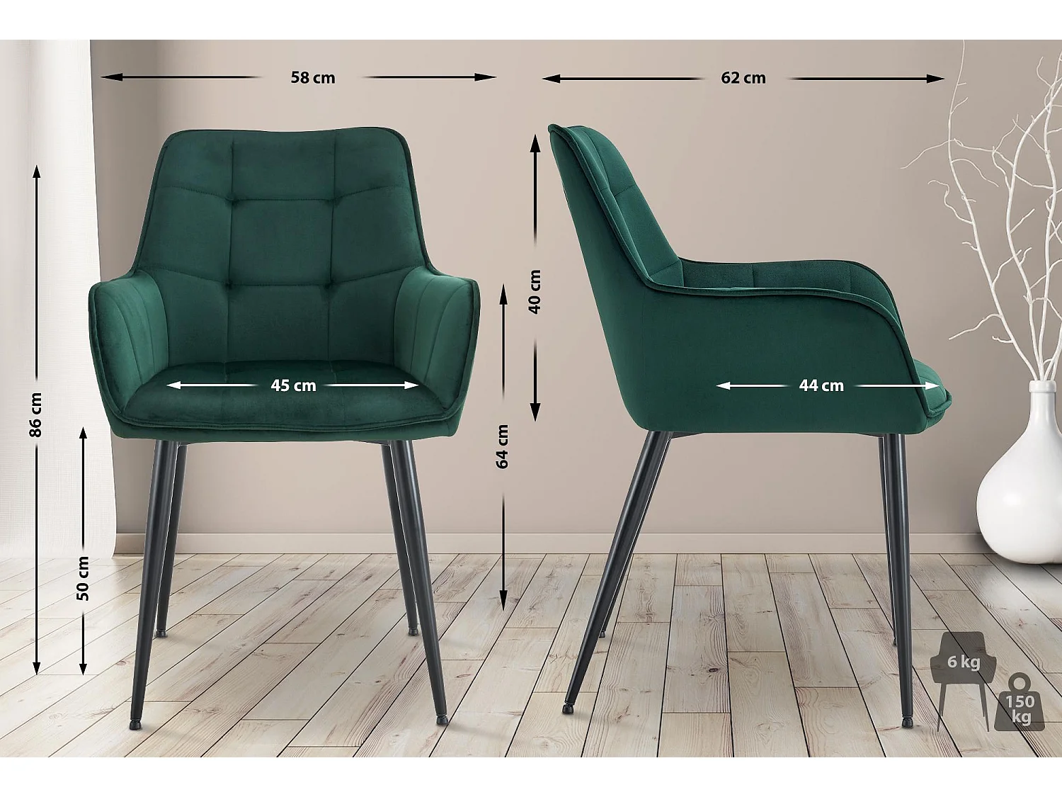 Lot de 2  chaise salle à manger - Velours - Vert foncé - Ferndale