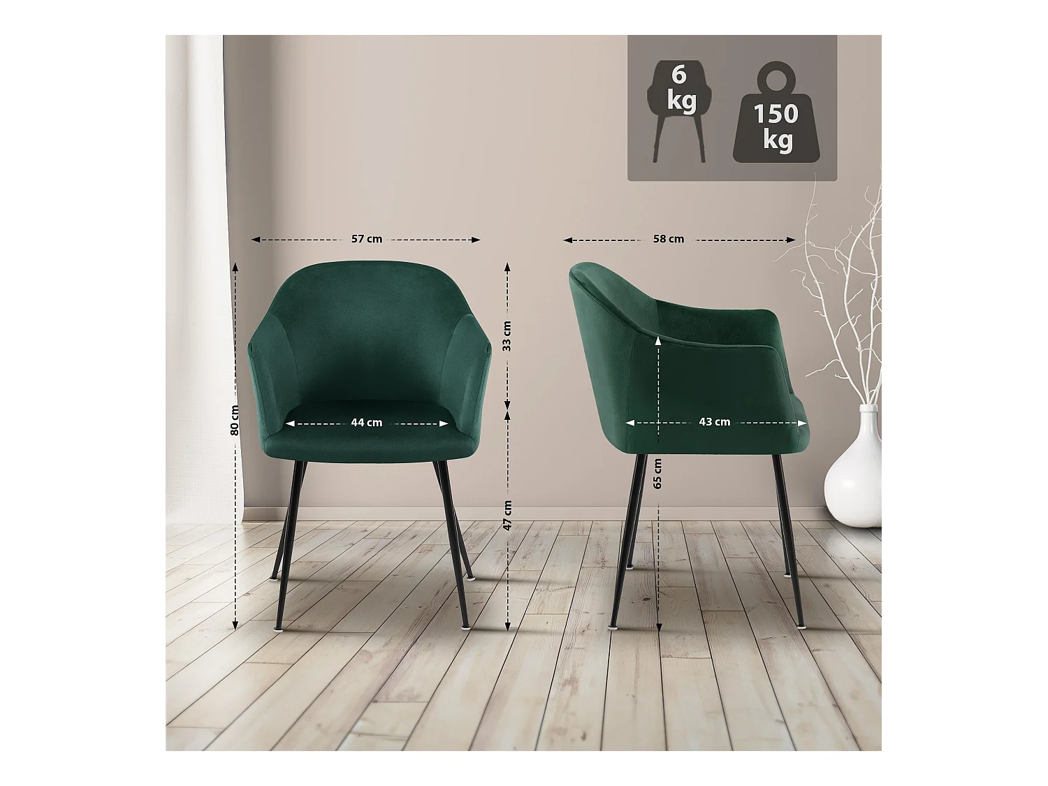 chaises avec accoudoirs - Velours & Chrome - Vert foncé - Jaysie