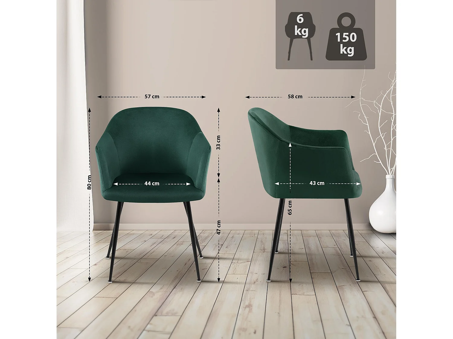 chaises avec accoudoirs - Velours & Chrome - Vert foncé - Jaysie