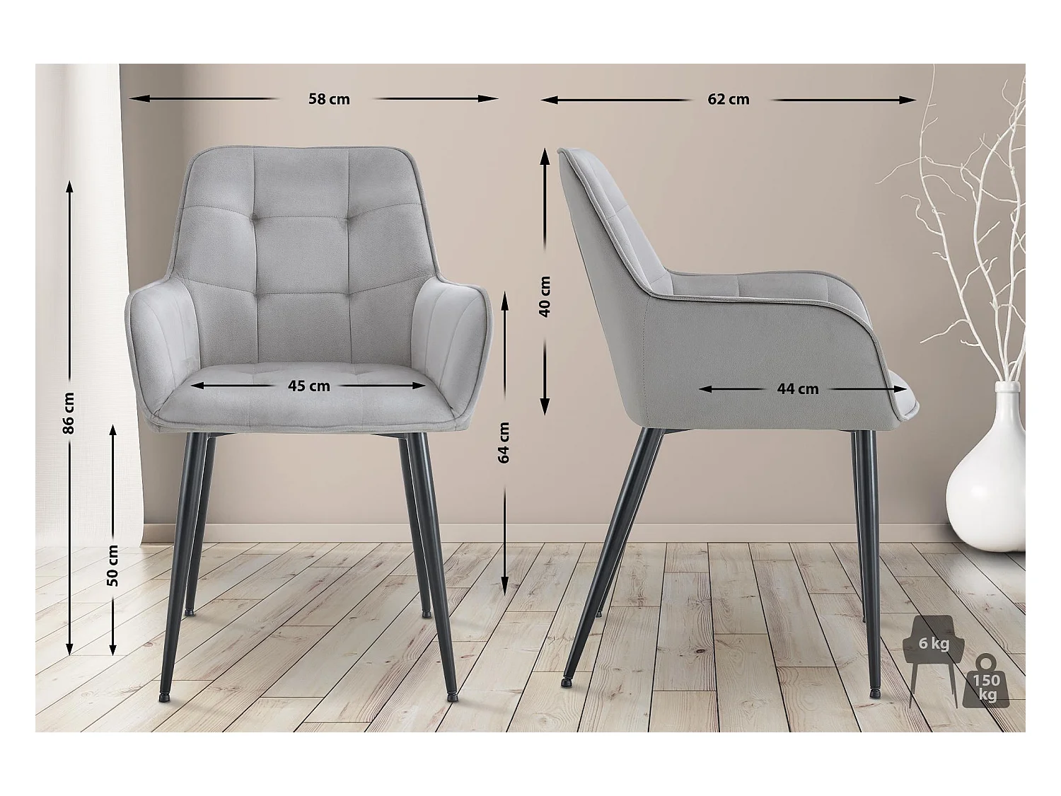 Lot de 2  chaise salle à manger - Velours - Gris clair - Ferndale