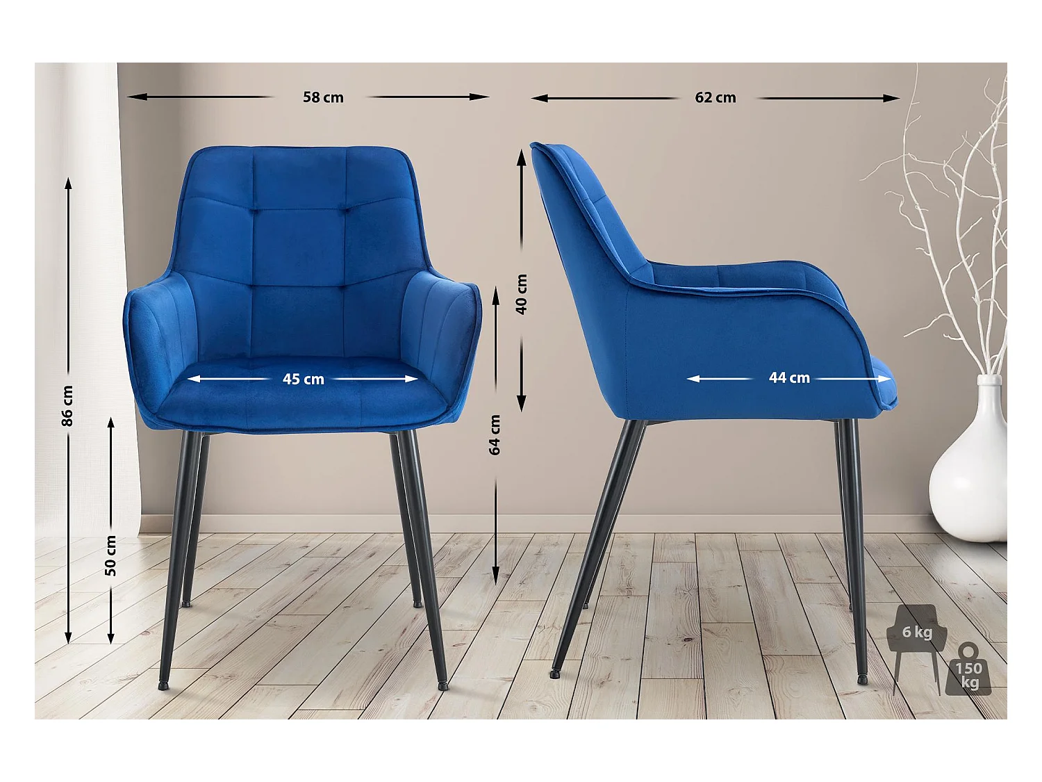 Lot de 2  chaise salle à manger - Velours - Bleu foncé - Ferndale