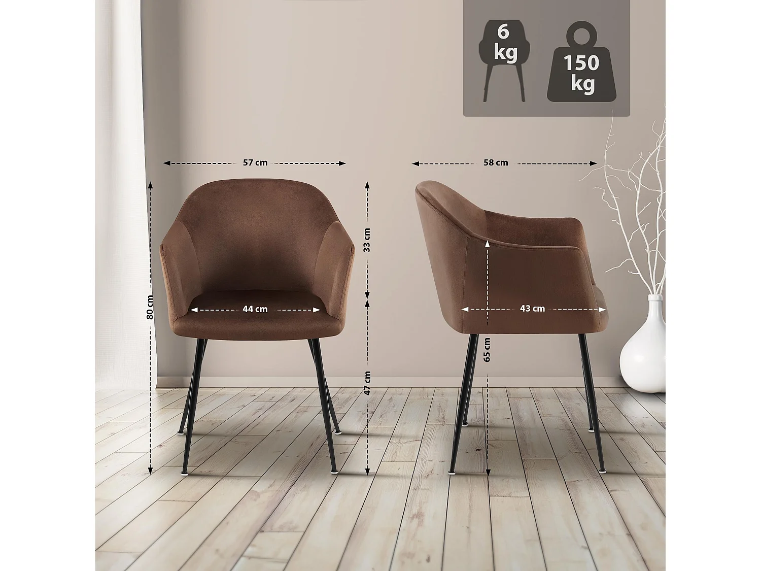 chaises avec accoudoirs - Velours & Chrome - Marron - Jaysie