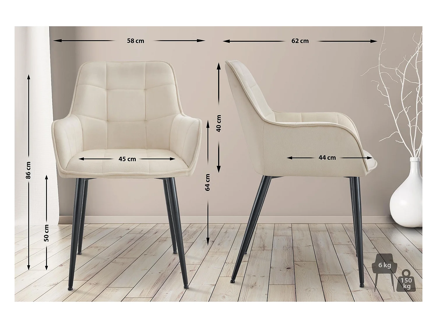 Lot de 2  chaise salle à manger - Velours - Crème - Ferndale