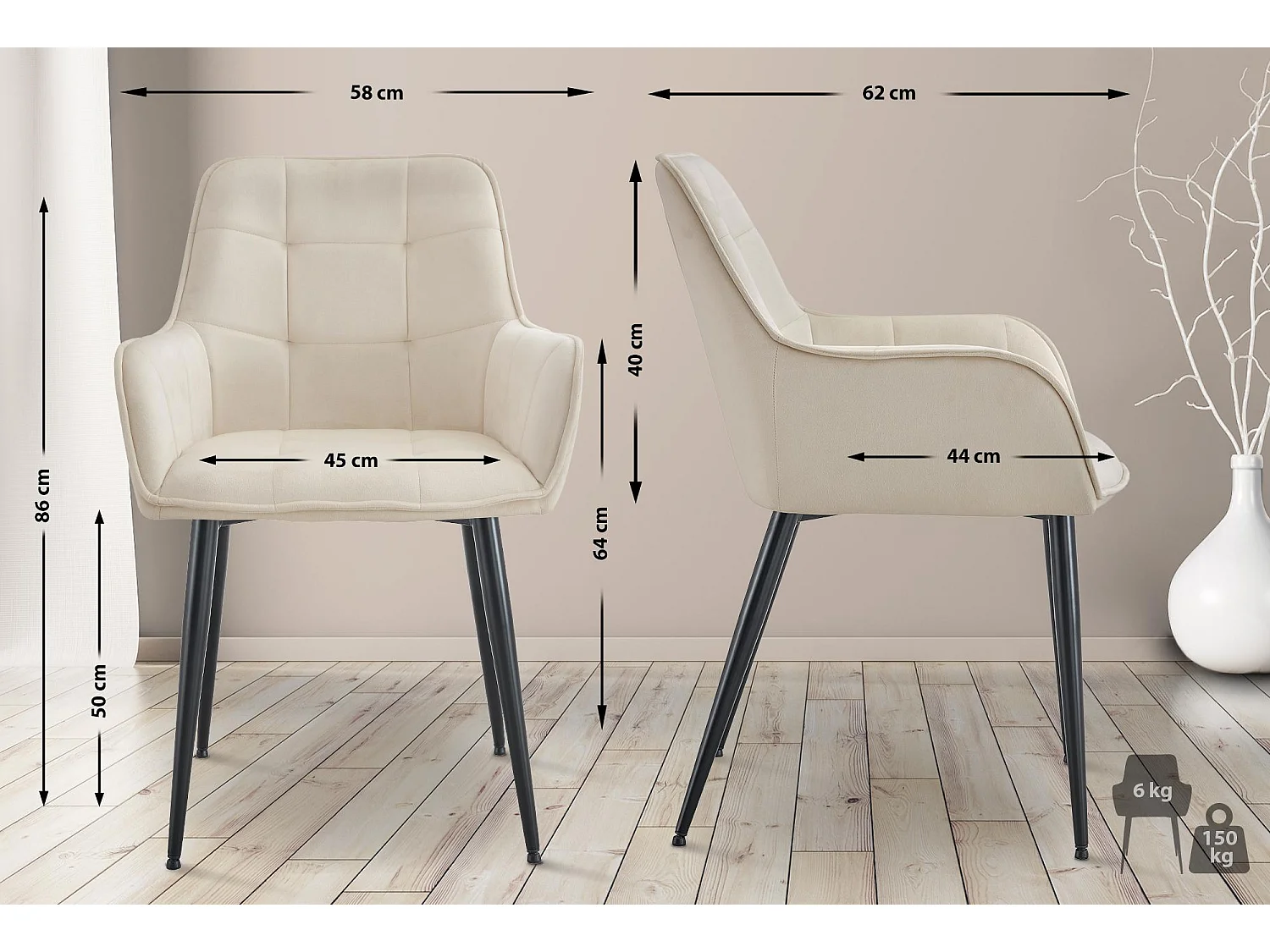 Lot de 2  chaise salle à manger - Velours - Crème - Ferndale