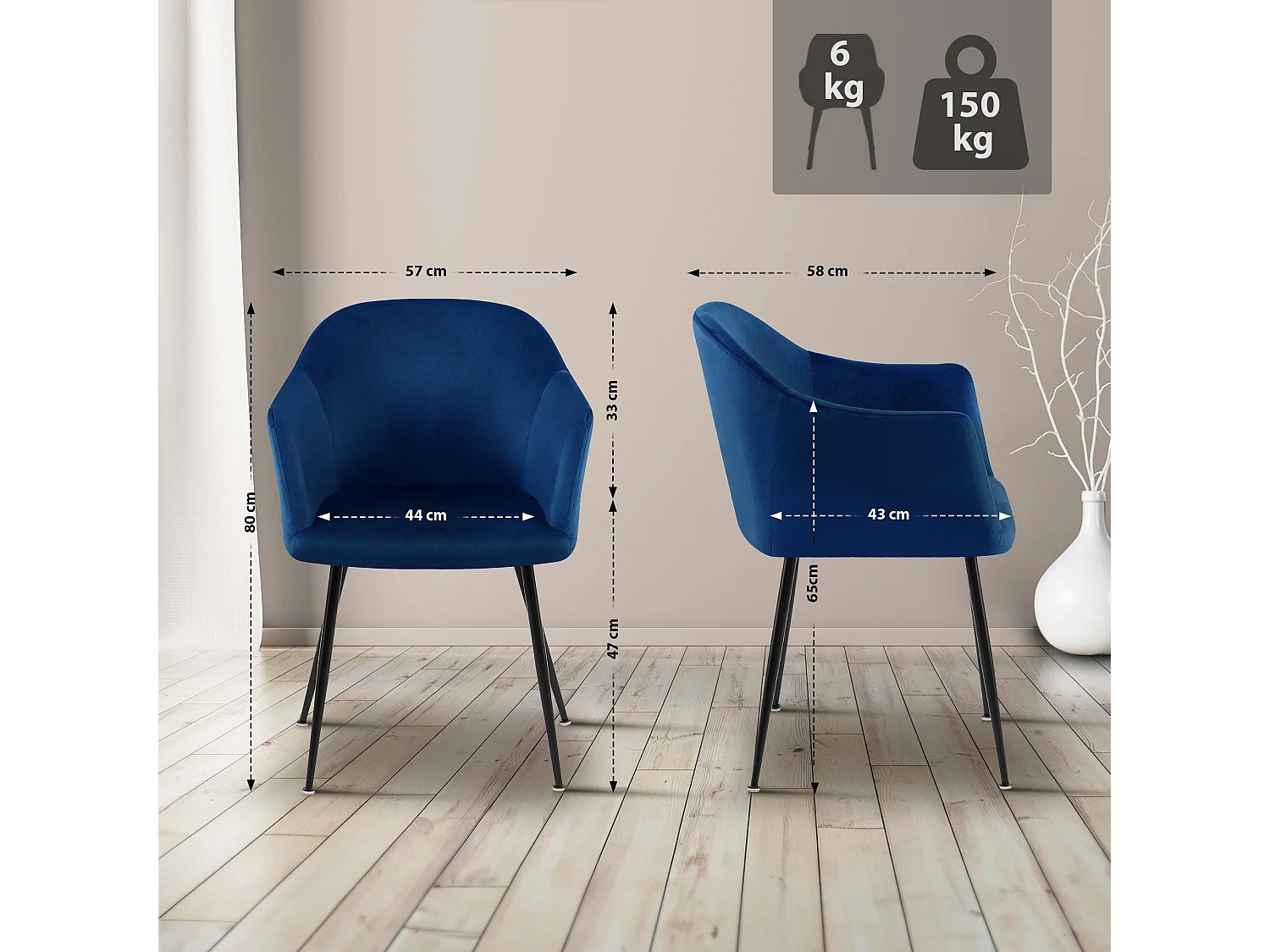 chaises avec accoudoirs - Velours & Chrome - Bleu foncé - Jaysie
