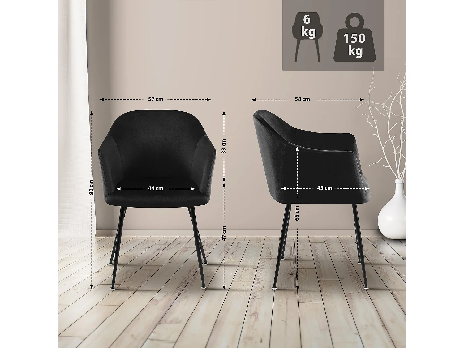 chaises avec accoudoirs - Velours & Chrome - Noir - Jaysie