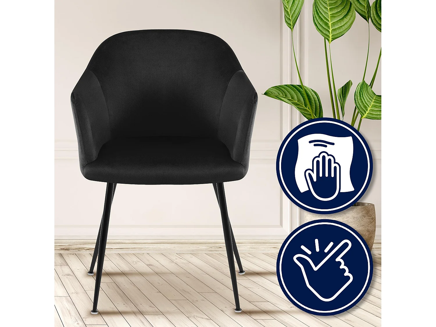 chaises avec accoudoirs - Velours & Chrome - Noir - Jaysie