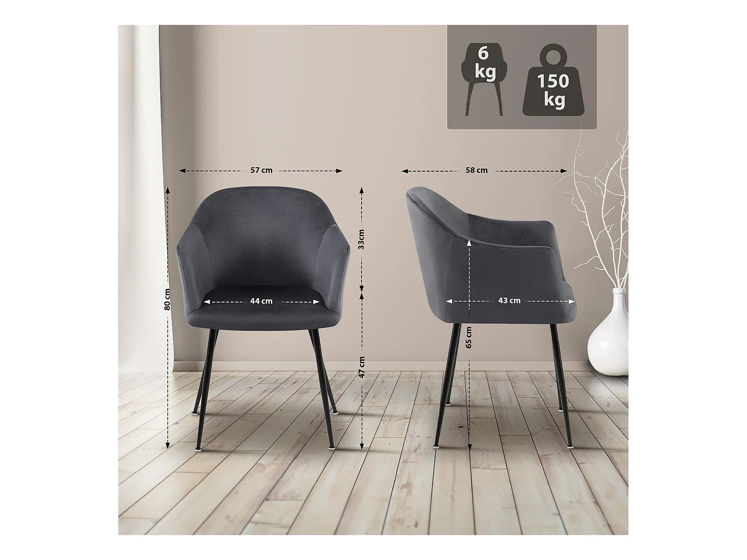 chaises avec accoudoirs - Velours & Chrome - Gris foncé - Jaysie