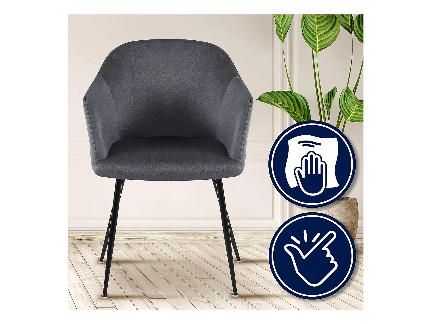 chaises avec accoudoirs - Velours & Chrome - Gris foncé - Jaysie