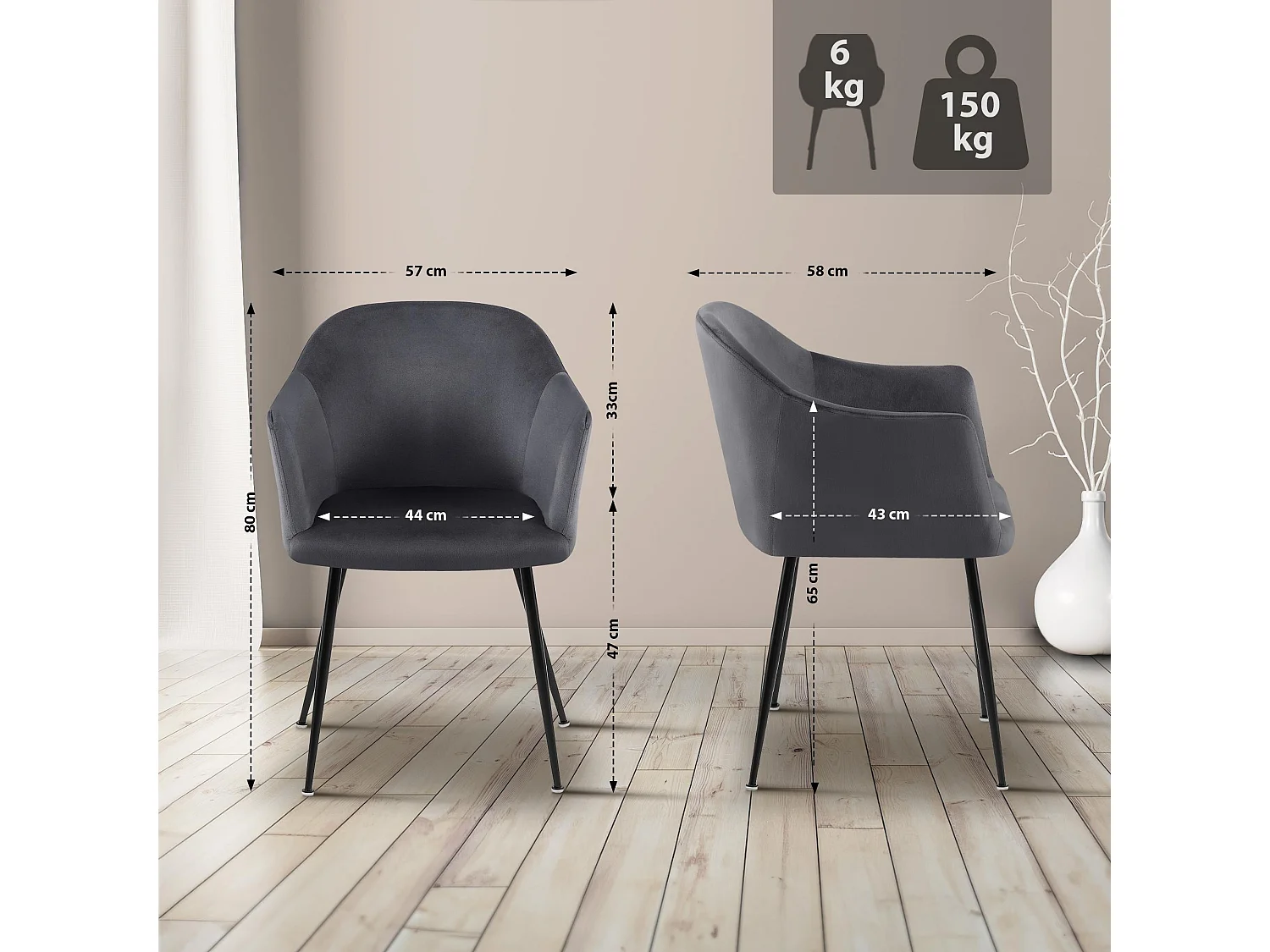 chaises avec accoudoirs - Velours & Chrome - Gris foncé - Jaysie