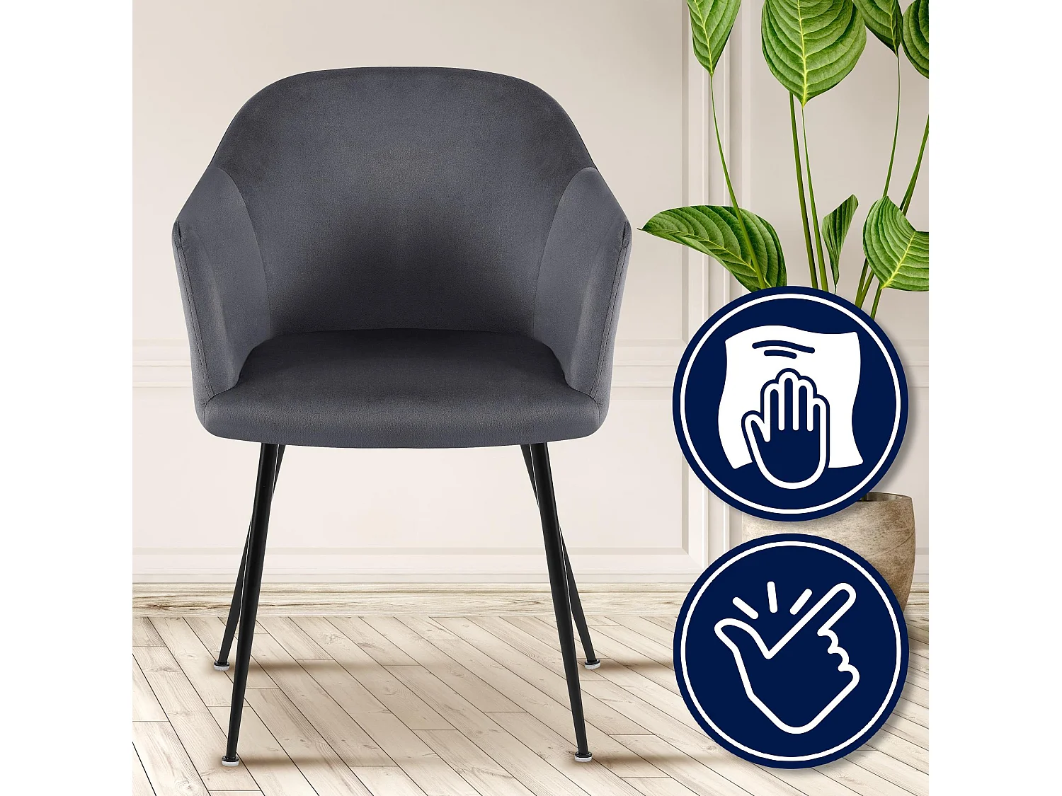 chaises avec accoudoirs - Velours & Chrome - Gris foncé - Jaysie