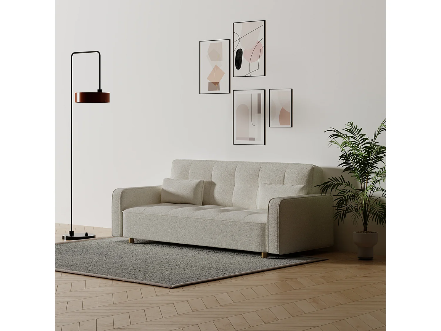 Sofá escandinavo convertible de 3 plazas en tejido de felpa blanco - Cómodo y elegante