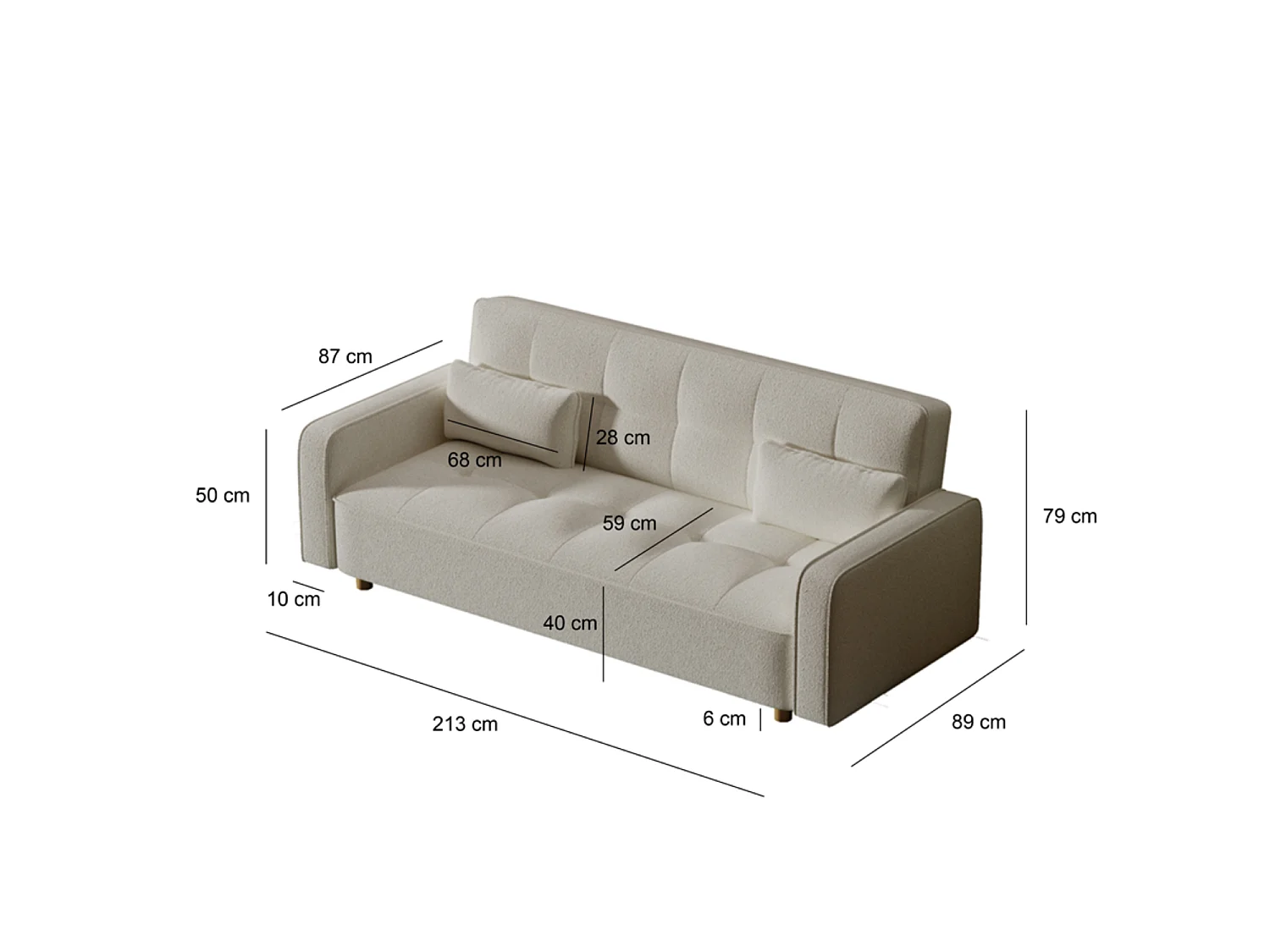 Sofá escandinavo convertible de 3 plazas en tejido de felpa blanco - Cómodo y elegante