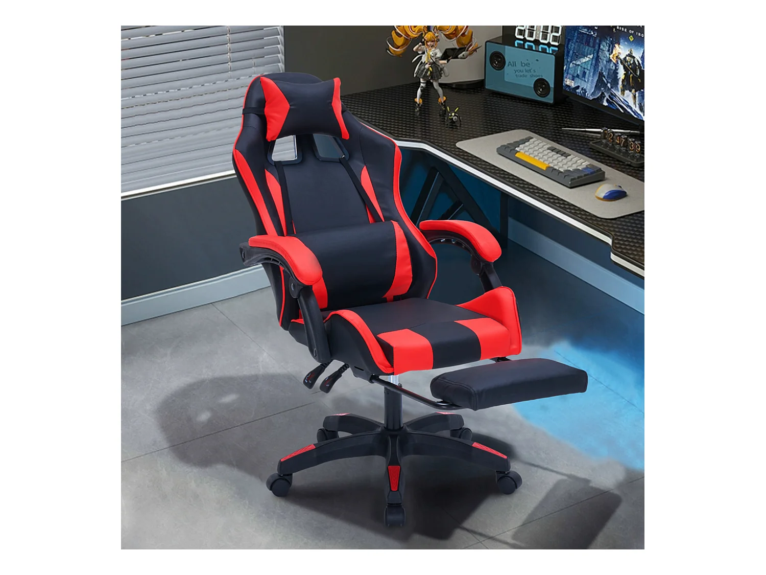Ergonomischer Neigbarer Gaming-Bürostuhl Schwarz und Rot mit Fußstütze und Kissen