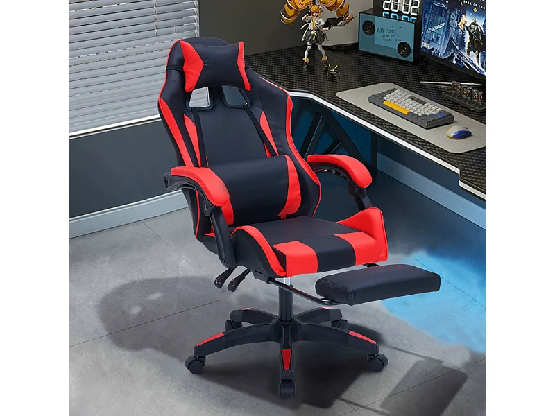 Cadeira de Escritório Gaming Ergonómica Reclinável Preto e Vermelho com Apoio para Pés e Almofadas