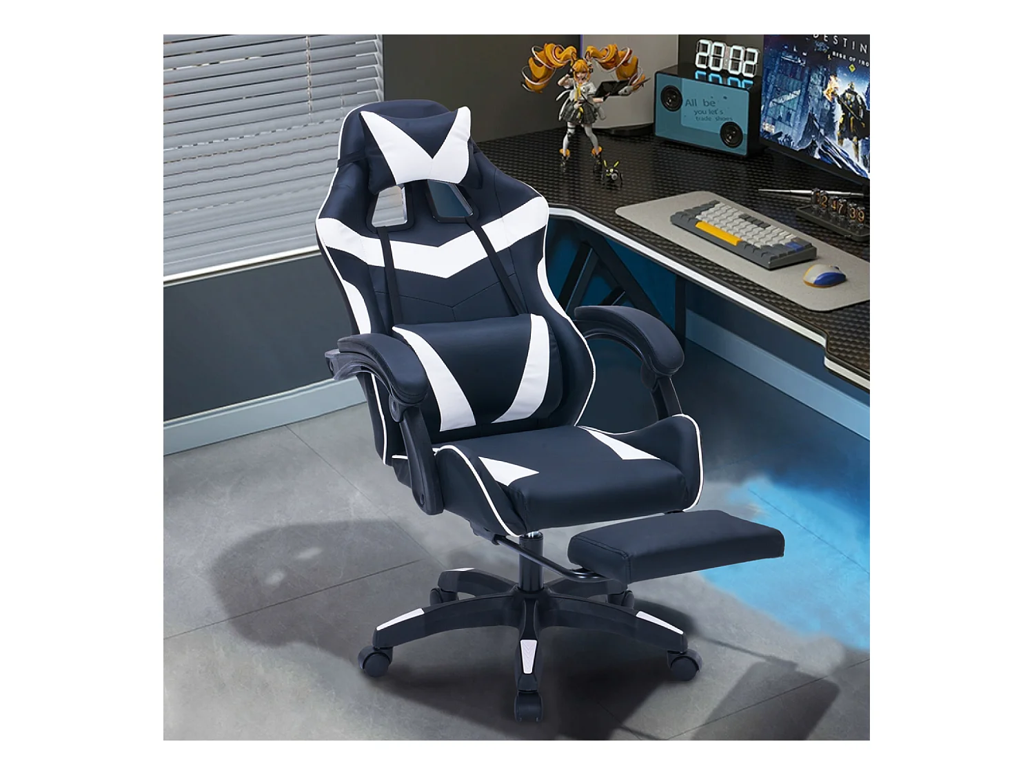 Ergonomischer Neigbarer Gaming-Bürostuhl Schwarz und Weiß - Bequem und Stilvoll