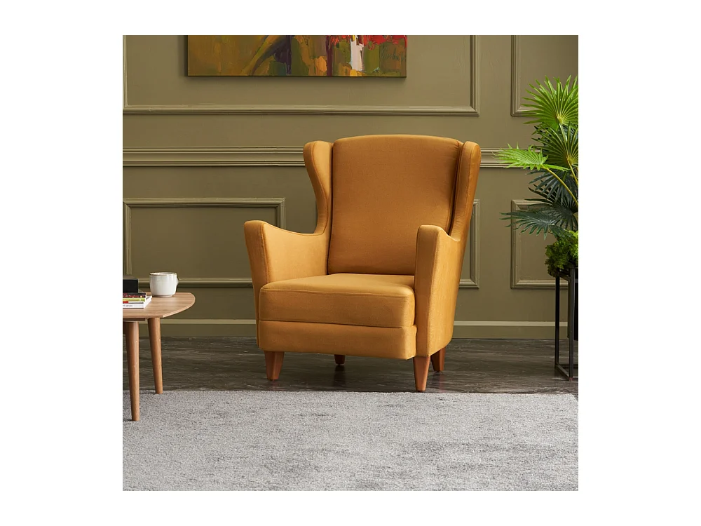 Fauteuil à oreilles en velours moutarde WILLIAMS