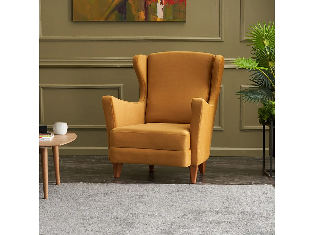 Fauteuil à oreilles en velours moutarde WILLIAMS